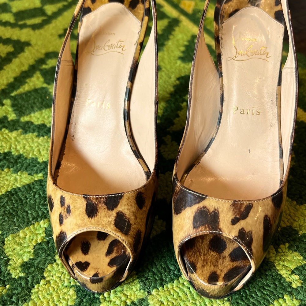Vintage leopard Louboutin sling peep toe pumps